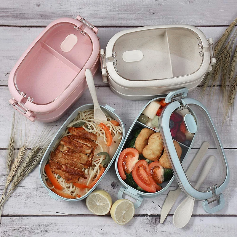 

2021 new Microwave home student lunch box compartment office staff double heating box Large size wheat straw sealed lunch box