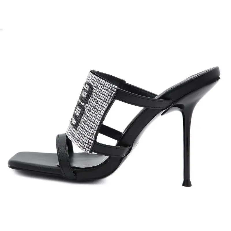 

DiJiGirls Women High Heels Slippers Square Toe Rhinestone Sandals Party shoes Woman Mules Pumps Fashion Wedding Footwear Size 42