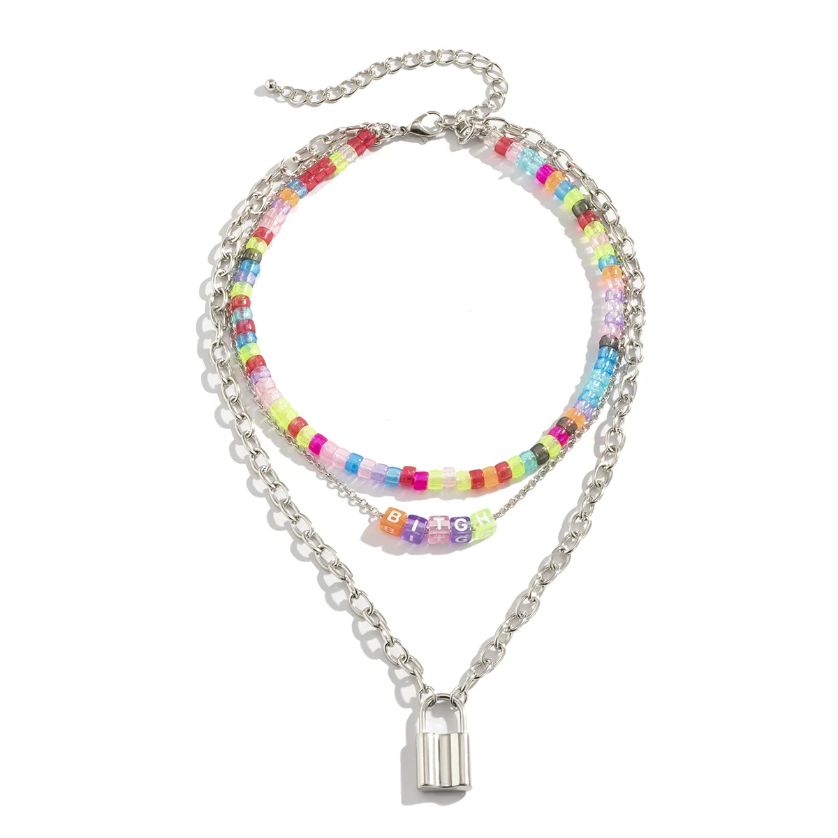 

Rainbow Beaded Hip Hop Layered Choker with Lock Charm Beach Necklace for Women Summer Letter Jewelry Hippie Bohemian KL30F-3F
