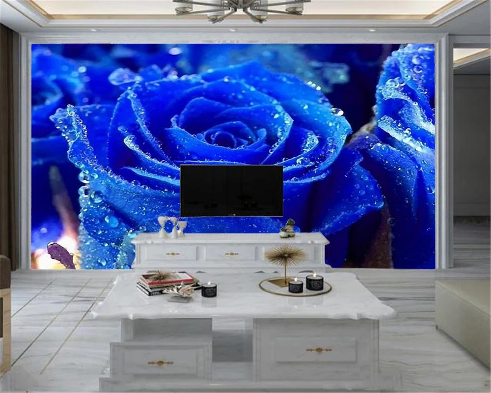 Фотообои на заказ с изображением нежных каплевидных синих роз романтичных