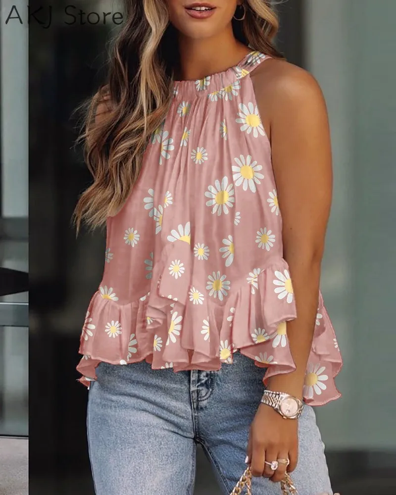 

Women Summer Print Ruffles Design Sleeveless Top