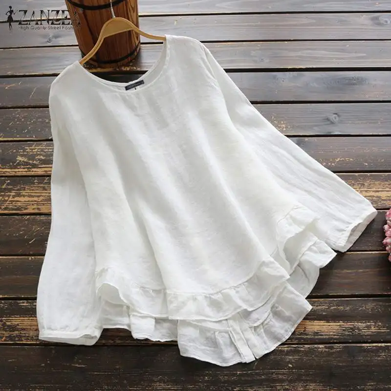 

ZANZEA Women Ruffles Blouse Spring Loose Cotton Linen Shirts Blusas Femininas Vintage O Neck Long Sleeve Tops Casual