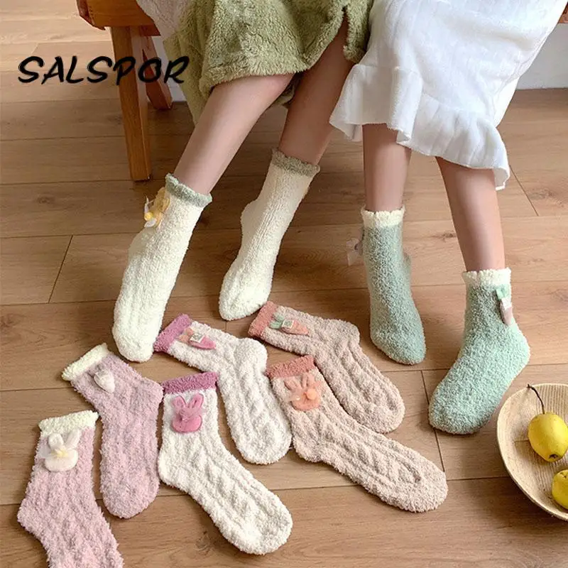

SALSPOR Thick Socks for Winter Women Coral Fleece Japanese Fashion Floor Socks Kawaii Girls Middle Tube Warm Towel Sock Soft