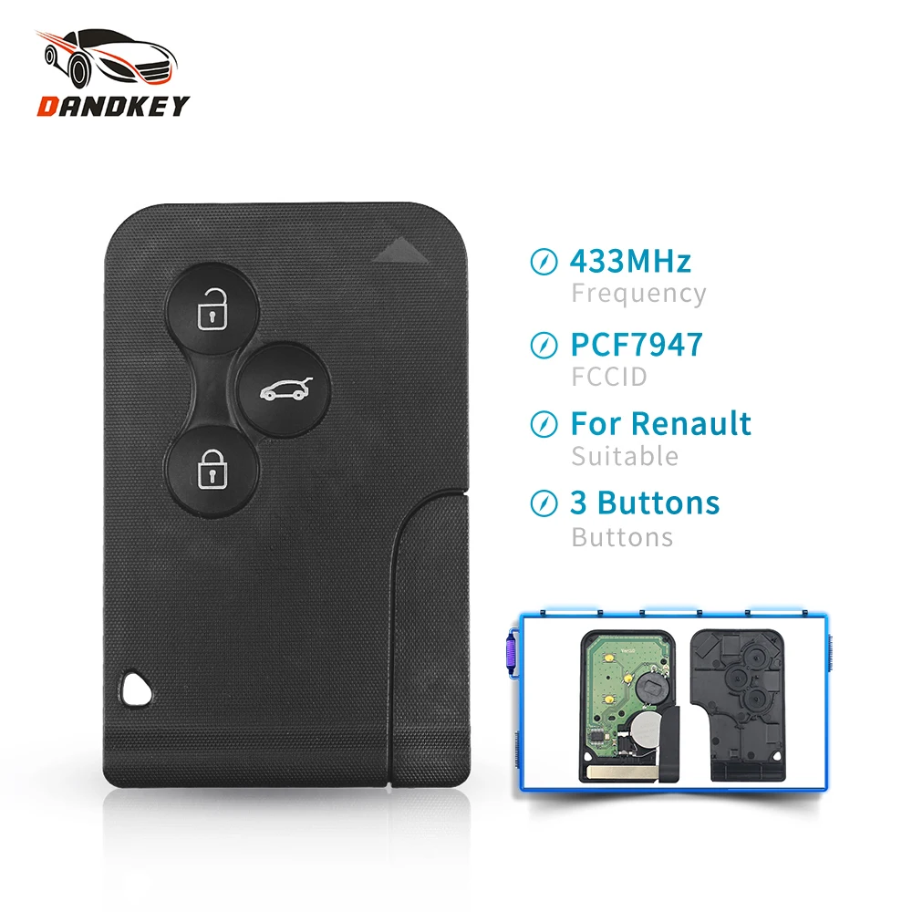 

Dandkey 5pcs Smart Key Card For Renault Megane II Scenic II Grand Scenic 2003-2008 433mhz PCF7947 Chip ID46 3 Buttons Remote Key