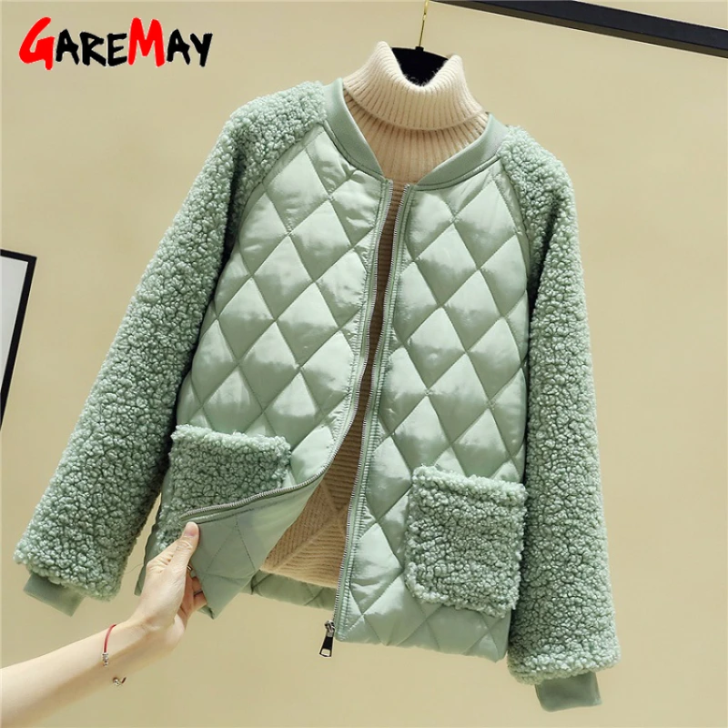 

2021 New Women's Winter Jacket Short Korean Version Loose Lamb Wool Down Cotton Women Coat Stand-up Collar Fashion Plaid Parkas