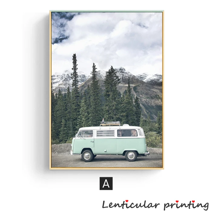 HD скандинавский цвет океан пляж и автобус плакат красивый пейзаж картина маслом