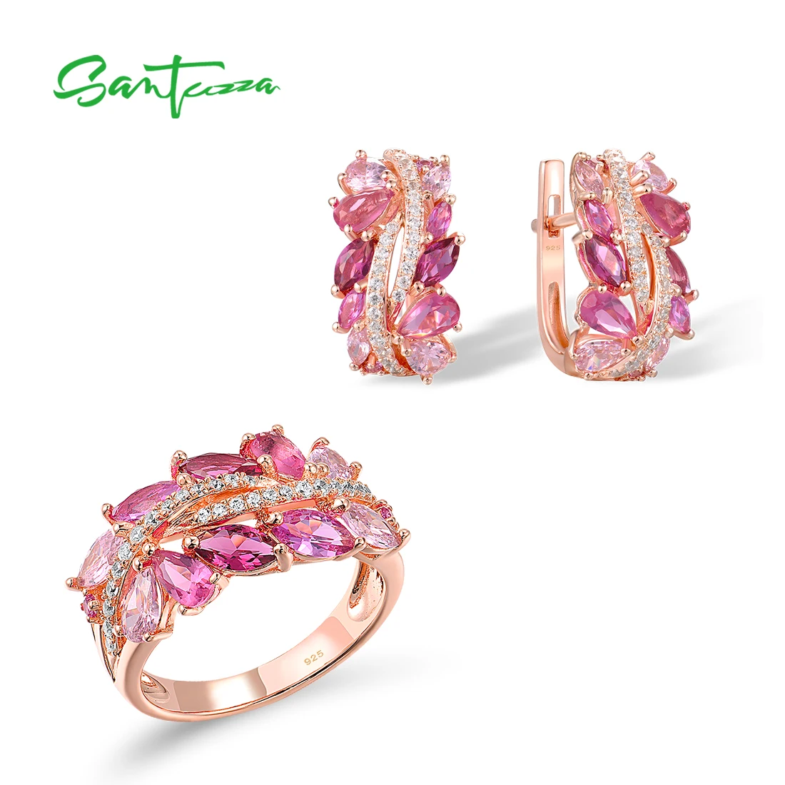 

SANTUZZA Pure 925 Sterling Silver Jewelry Set For Women Red Pink Stones White CZ Earrings Ring Set Gorgeous Wedding Fine Jewelry