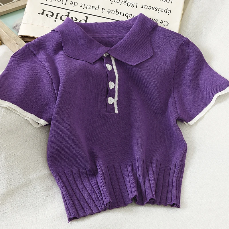 HELIAR Tees Purple Polo Shirt Women shirts Knitted Short Sleeve Casual Summer Peter pan Collar For | Женская одежда