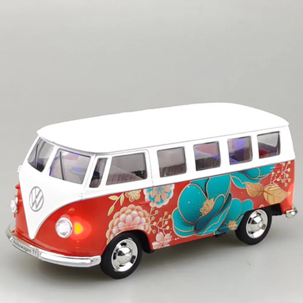 Modelo de autob&uacute;s Volkswagen T1, juguete de aleaci&oacute;n fundido a presi&oacute;n, estilo chino, con luz, 3 puertas, veh&iacute;culo Opend, juguetes para ni&ntilde;os, 1/30-3