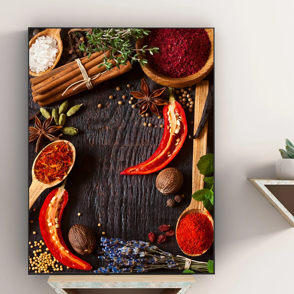 

Seasonings on Black Wooden Table Canvas Painting Art Posters And Prints White Chili and Pepper Art Pictures for Kitchen HD Decor