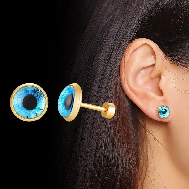 Серьги гвоздики Vnox Blue Eye для женщин золотого цвета нержавеющая сталь серьги