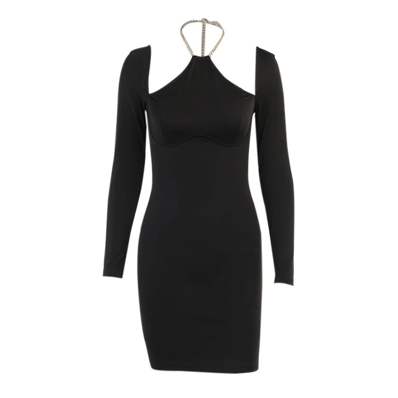 

Beyouare Vintage Women Dress Summer Fashions Black Metal Chain Hollow Long Sleeve Slim Skinny Mini Dresses Club Party Streetwear