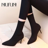 niufuni autumn pointed toe socks boots stiletto slim women shoes elastic fabric slip on black ankle boots high heels botas mujer