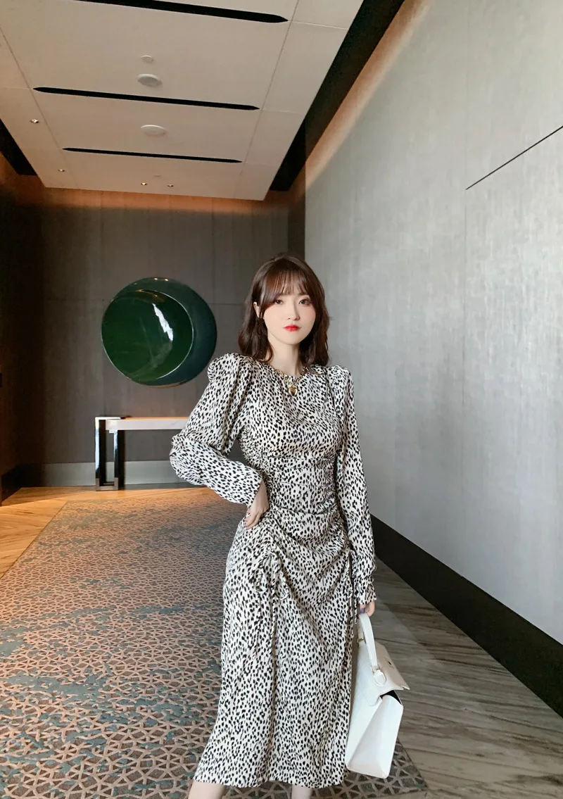 

2020 autumn new retro leopard print slim French dress Polyester Office Lady Sheath Zippers Knee-Length Regular Full