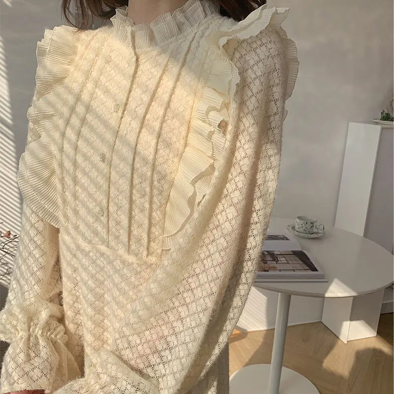 Women Cottagecore Dress Franch Beige Dress Slim Body Woman Aweet Diamond Brushed Lace Fairy Dress with Wood Ears Long Sleeve