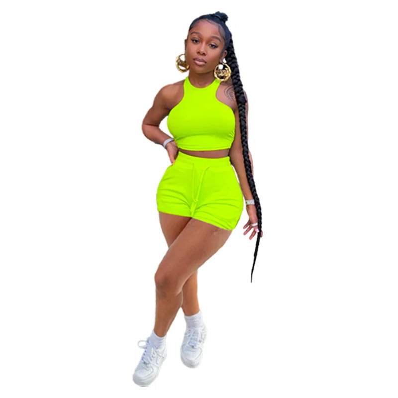 

Women Solid Two Piece Set Summer Tracksuit Sleeveless Vest Crop Top Lace Up Elastic Waist Shorts Casual Sporty Suit