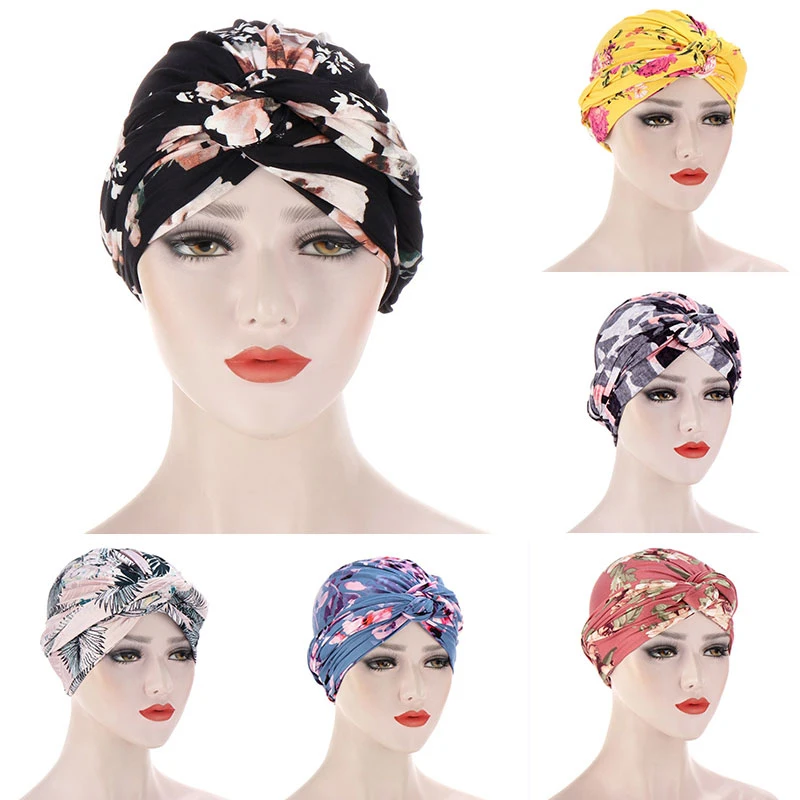 

Cotton Flower Print Muslim Turban Scarf for Women Islamic Inner Hijab Caps Twisted Arab wrap Head Scarves turbante mujer