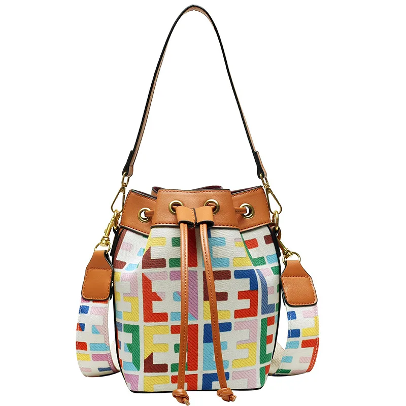 

Classic Letter Printed Female Bucket Bag Retro Canvas Pu Leather Stitching Ladies Handbag Small Shoulder Crossboby Bags Purses