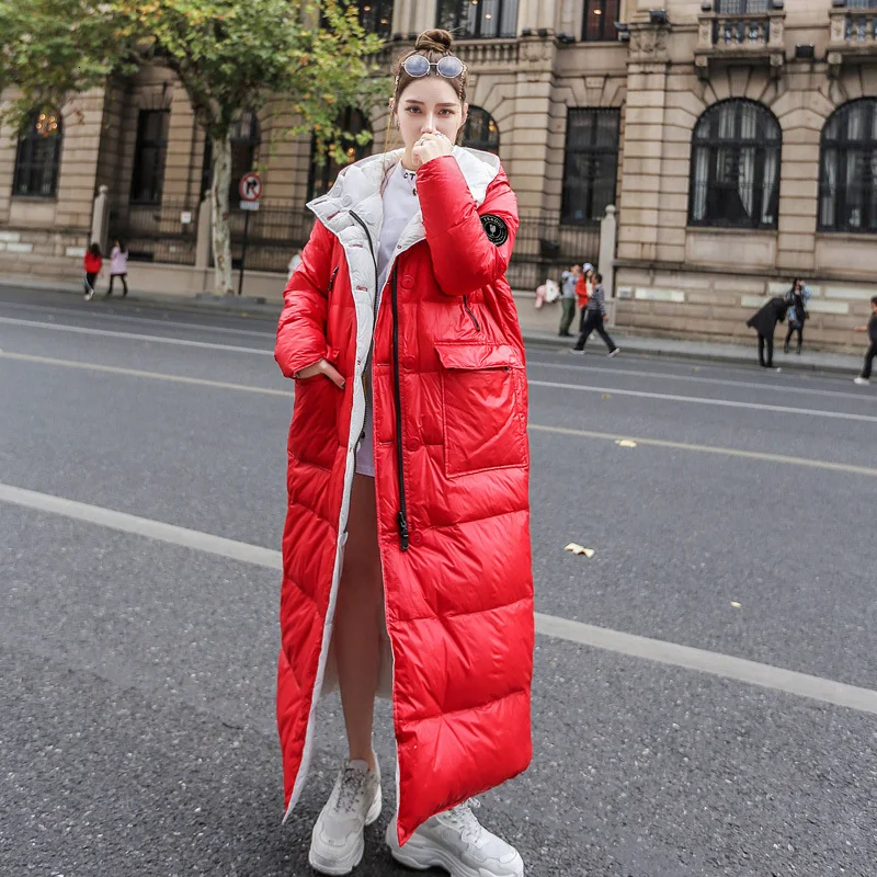 Двухсторонняя длинная белая пуховая куртка из хлопка женское толстое теплое