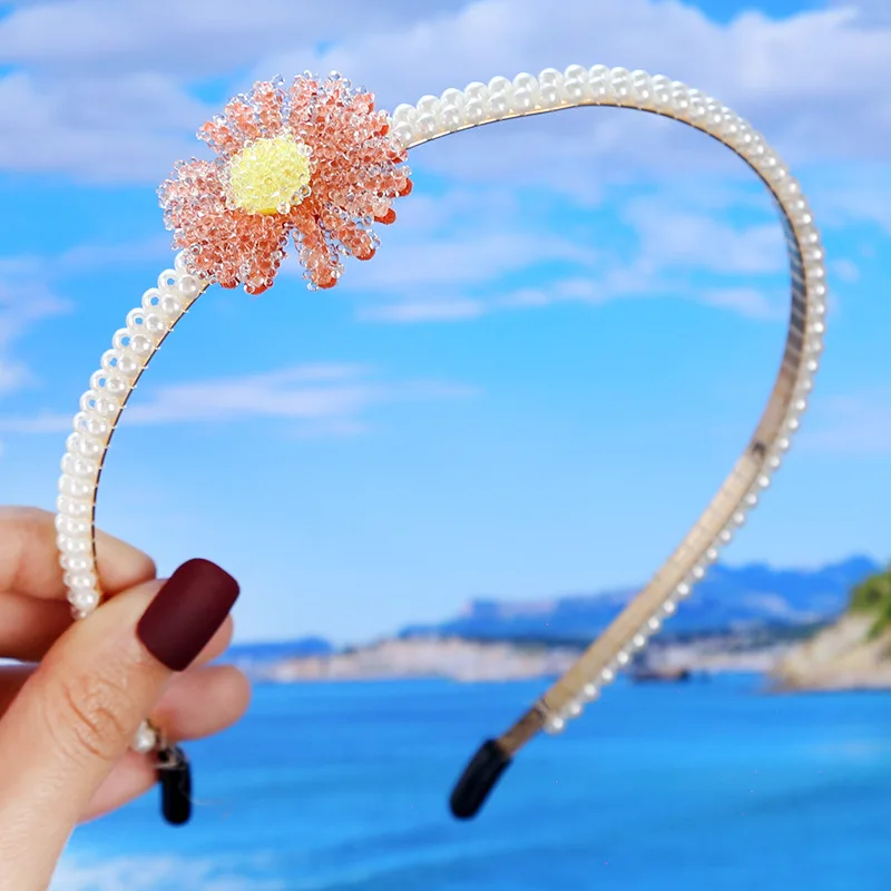 

Sweet Crystal Flower Hair Hoop for Women Female Pearl Headband Girls Wedding Party Headdress Daisy Hair Accesories