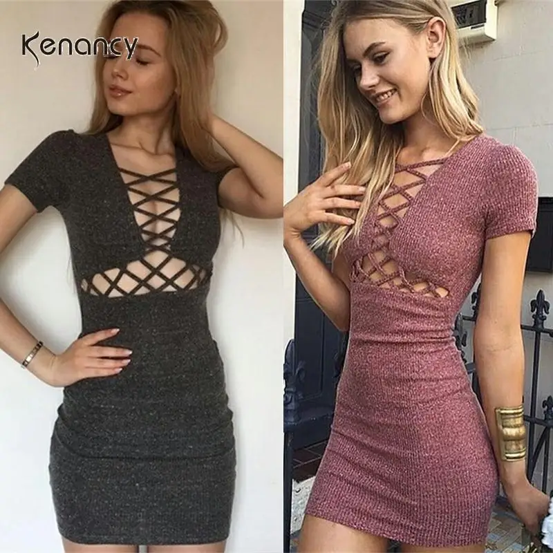 Kenancy Сексуальное Женское облегающее блестящее платье со шнуровкой с коротким