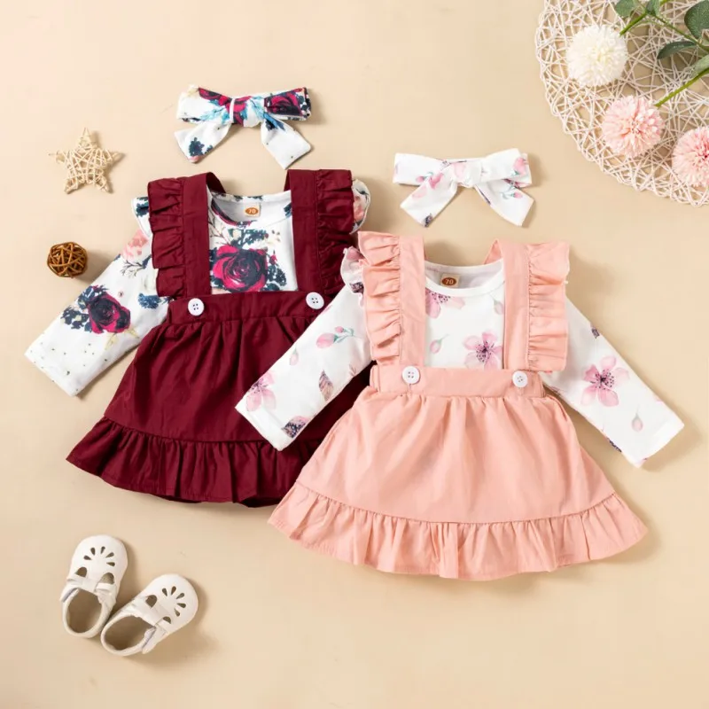 

Baywell Autumn Newborn Baby Girls 3PCS Sets Floral Printed Clothes Bodysuit Tops Suspenders Dress Headband Outfit Set