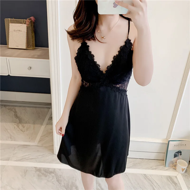 Женская сексуальная ночная рубашка шелковая с принтом кружевная домашняя одежда