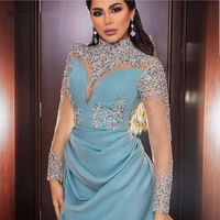 blue muslim evening dresses mermaid high collar long sleeves beaded dubai saudi arabic long evening gown