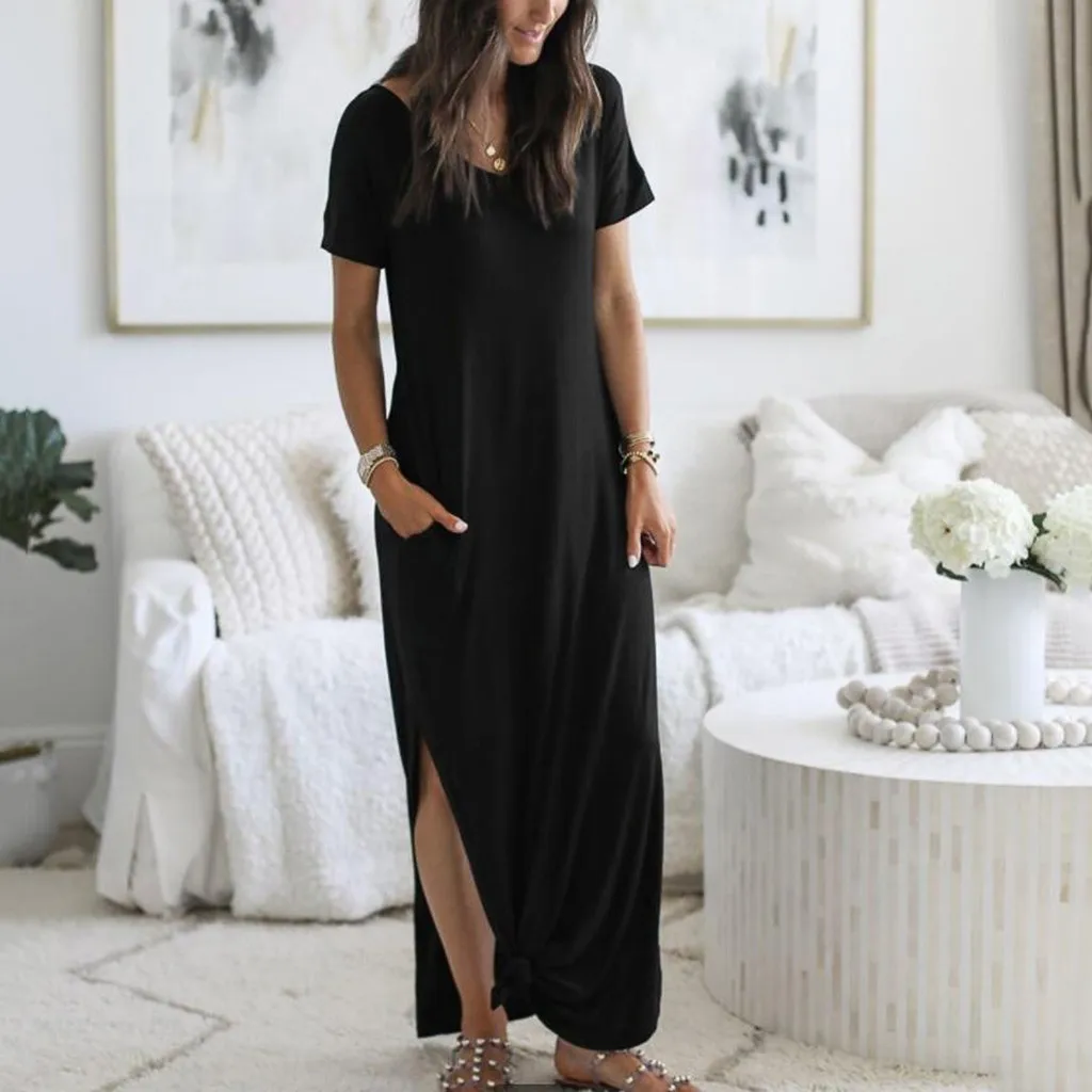 Летнее однотонное Повседневное платье с карманами и круглым вырезом длинное для