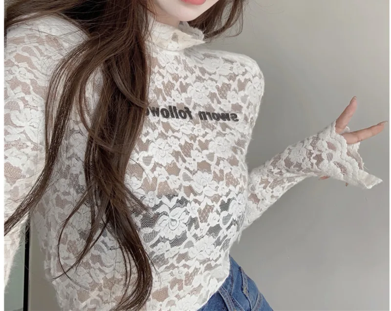Women's Blouse Half High Collar Lace Autumn And Winter Design Sense Of Embroidery Letter Tight Outside Rachel | Женская одежда