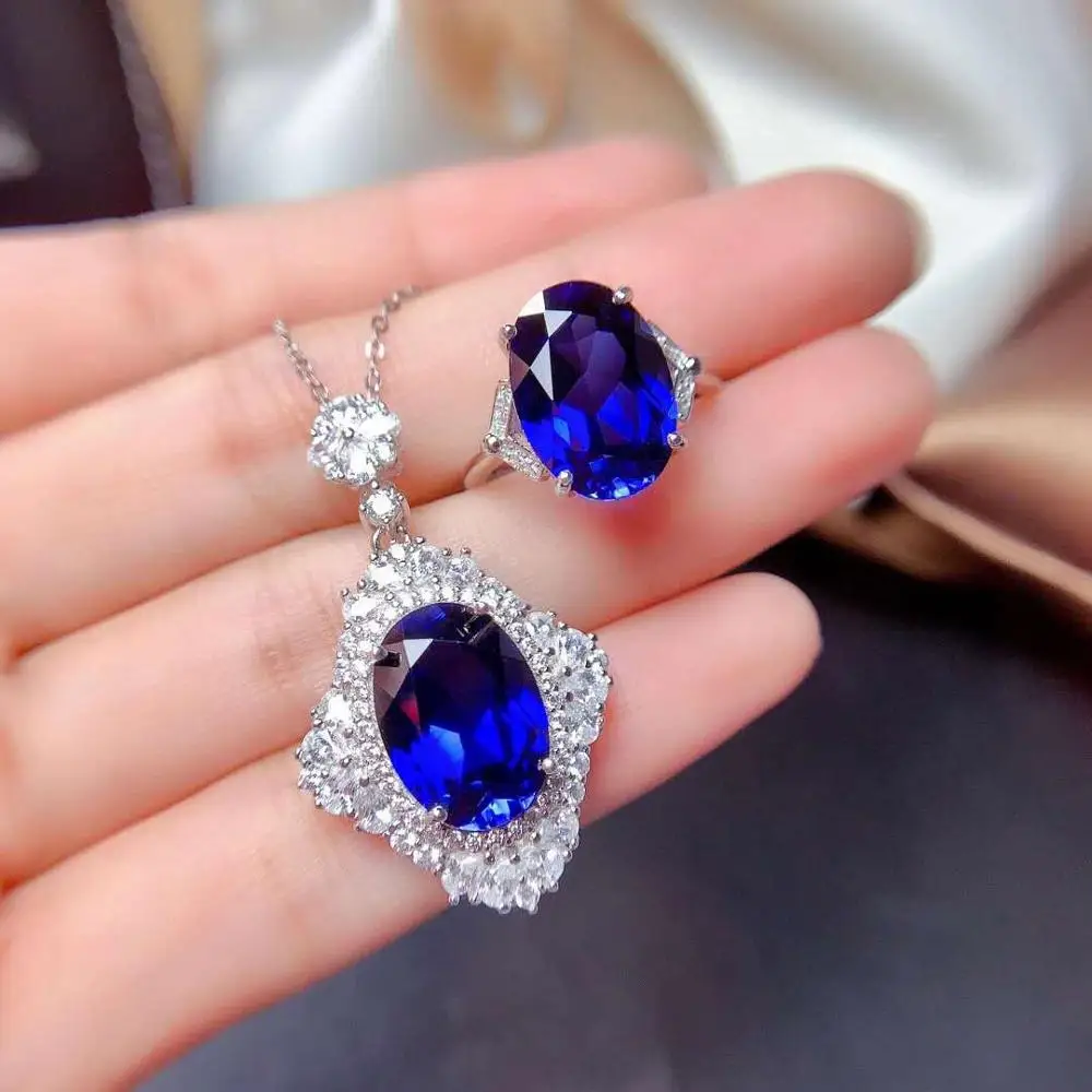 

Natural Sapphire S925 Ring Pendant Necklace Big Grain Gem Set Charming Fine Fashion Jewelry for Women Free Shipping MeibaPJFS