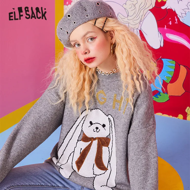 ELFSACK Cartoon Jacquard Women Casual Knit Pullover Sweaters,2021 Summer Vintage Applique Oversize,Casual Girly Daily Sweet Top