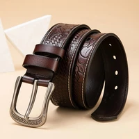 bison denim vintage cowhide genuine leather belt men high quality pin buckle belt male carved pattern waist strap and gift box
