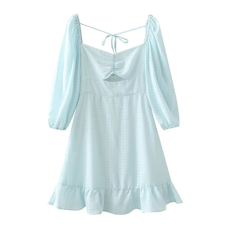 

Summer Women Light Blue Gingham Chiffon Tea Dresses Lace Up Backless Hollow Out Front Design Short Bishop Sleeve One Piece Robe