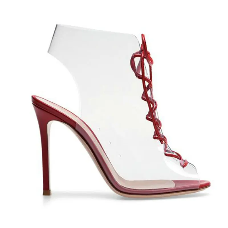 

ENMAYLA New Casual Lace-Up Plastic Jelly Shoes Fashion Thin Heels Women Sandals Sewing High Heel Sandals Peep Toe Clear Heels