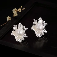 s925 sterling silver inlaid natural freshwater pearl vintage lotus lady temperament all matching silver ear studs earrings