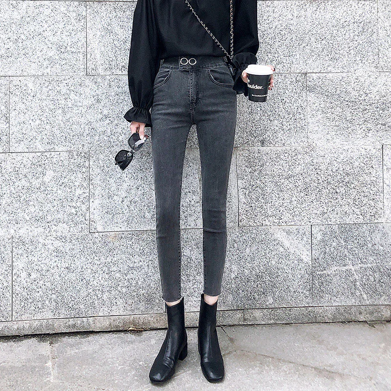 

Free Shipping 2021 Women's Spring And Summer New Ankle Length Small Feet Jeans High Waist Stretch Slim Slimming Frayed Pants