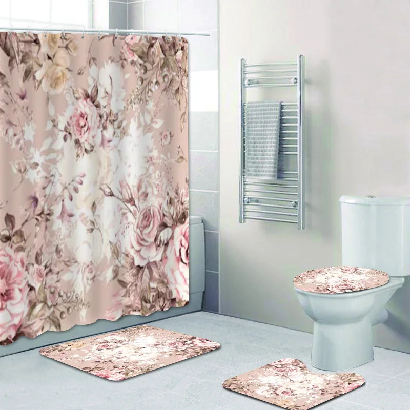 

Classic Luxury Bouquet Floral Shower Curtain Delicate Blossom Garden Flowers Bathroom Curtains Bath Mats Carpet Rug Toilet Decor