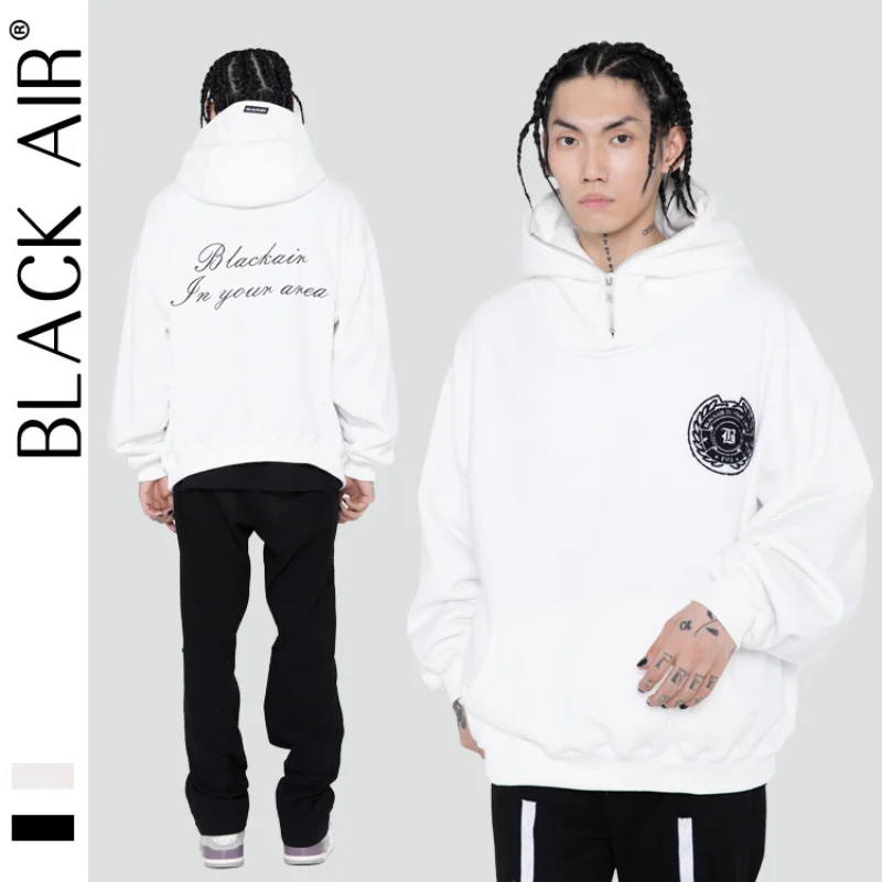 

BLACKAIR Letter embroidery fleece hoodie Japanese streetwear vintage fashion hoodie men hip hop Harajuku thick lounge wear HY03