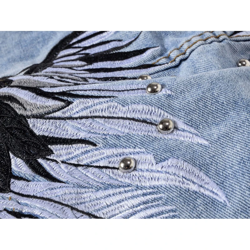 

ABOORUN Mens Wing Embroidery Rivet Denim Jacket Spring Autumn Casual Slim fit Sleeveless Ripped Jeans Jacket for Male R2358