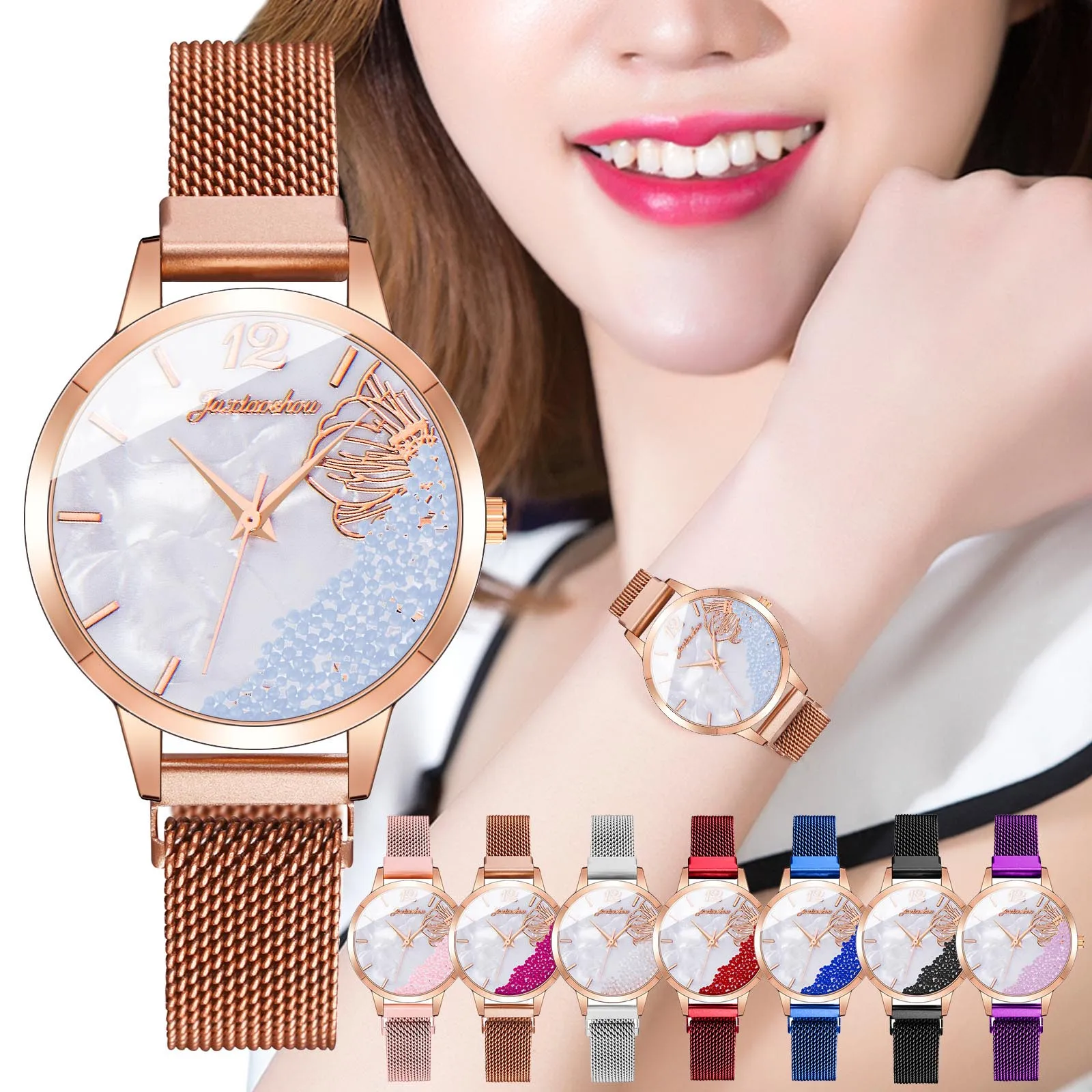 

Women Fashion Watches Ladies Luxury Stainless Steel Strap Mesh Wristwatches Female Casual Rhinestone Watch Zegarek Damski