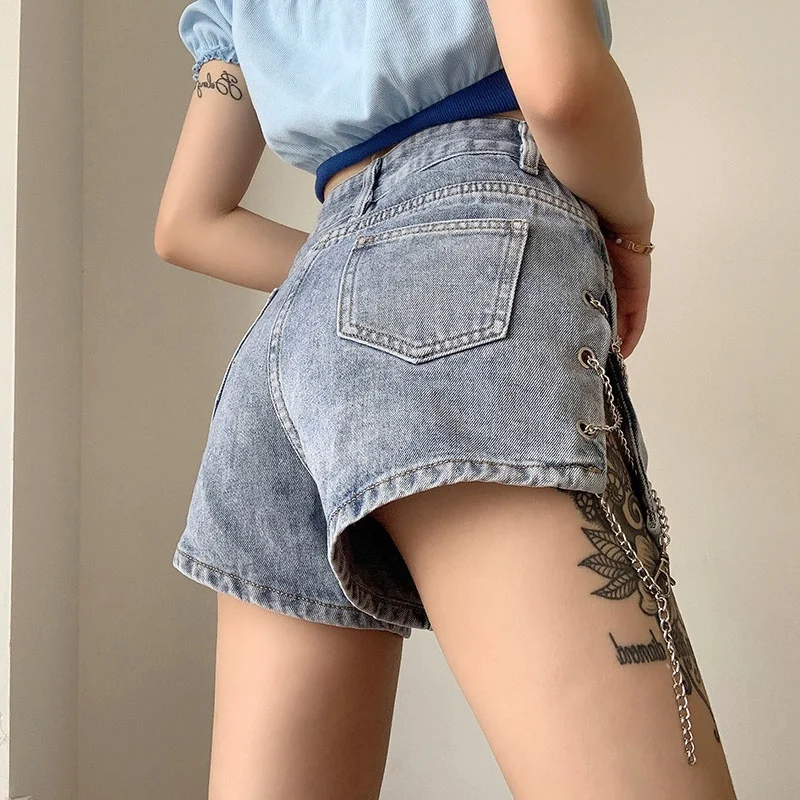 

IEQJ Blue Elegant Casual Temperament Summer Denim Shorts Feminine A-line Slit High Waist Plus Size Hot Pants 2021 3F0546
