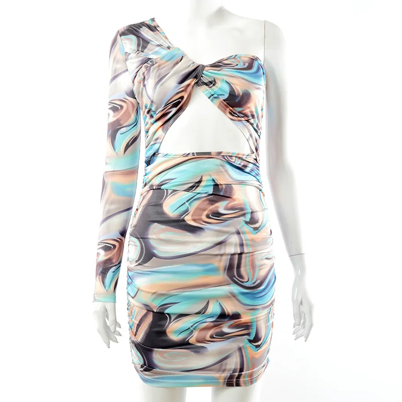 

2021 spring and summer European and American women's new style printed one-shoulder hollow out umbilical short dress women