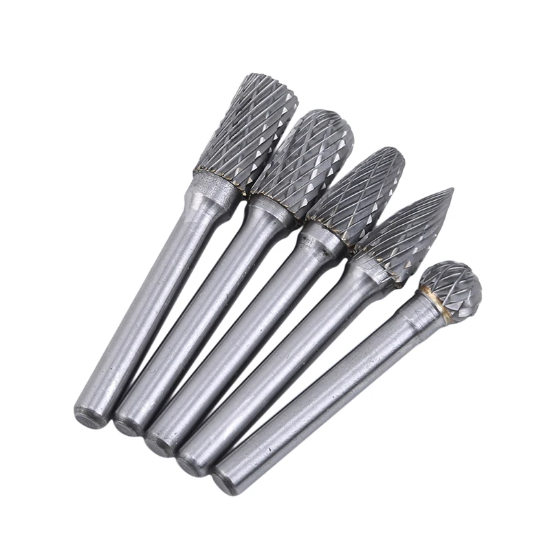 

5Pcs/set Alloy Rotary File Double-slot Tungsten Steel Wood Carving Grinding Head Hard Metal Milling Cutter Conical Boring Tool