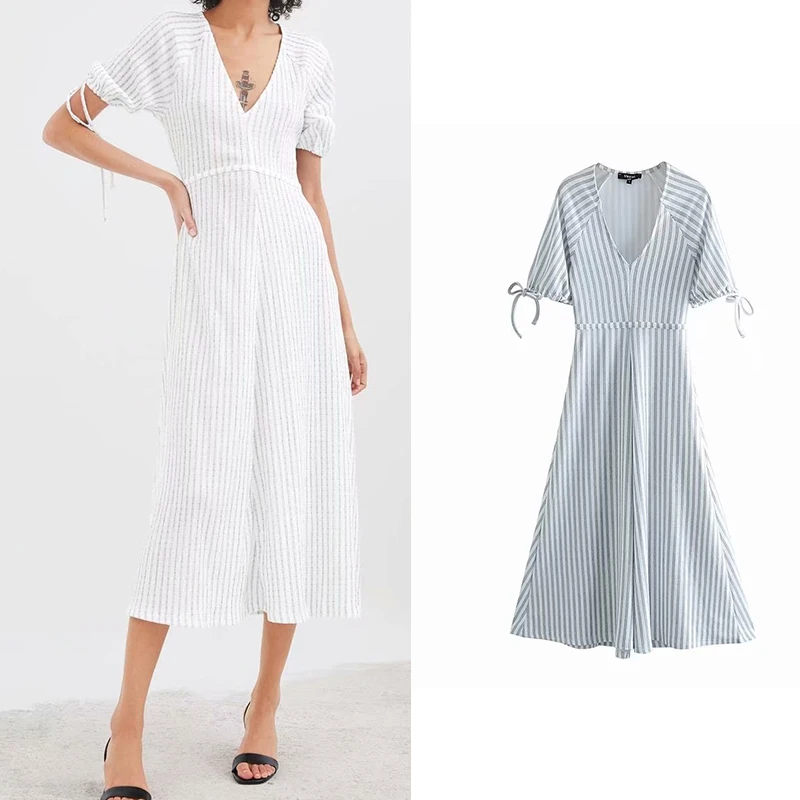 Za 2019 длинное платье в полоску с v образным вырезом и высокой талией повседневное