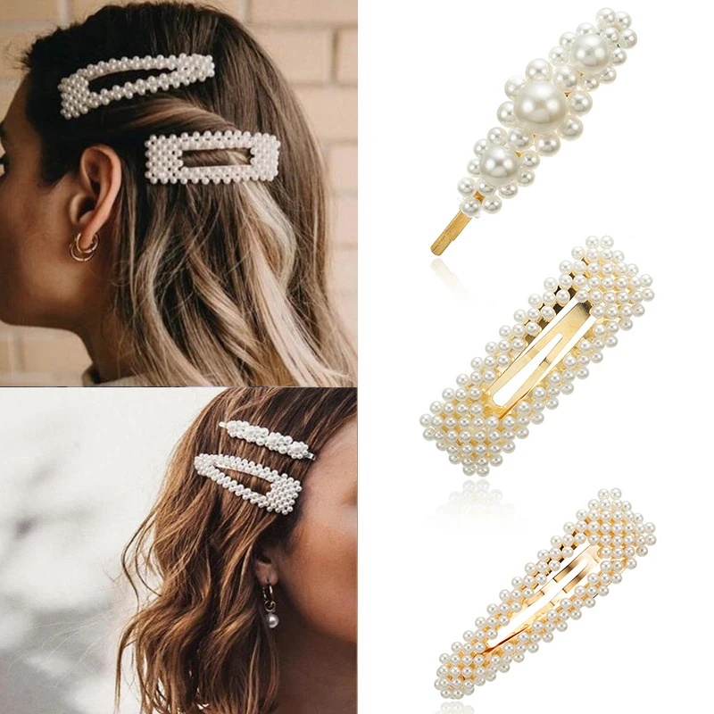 Korean Simulated Pearl Barrettes Beaded Geometric Women Hair Clip Hairgrips Accessories Girls Jewelry Fashion Pins | Украшения и