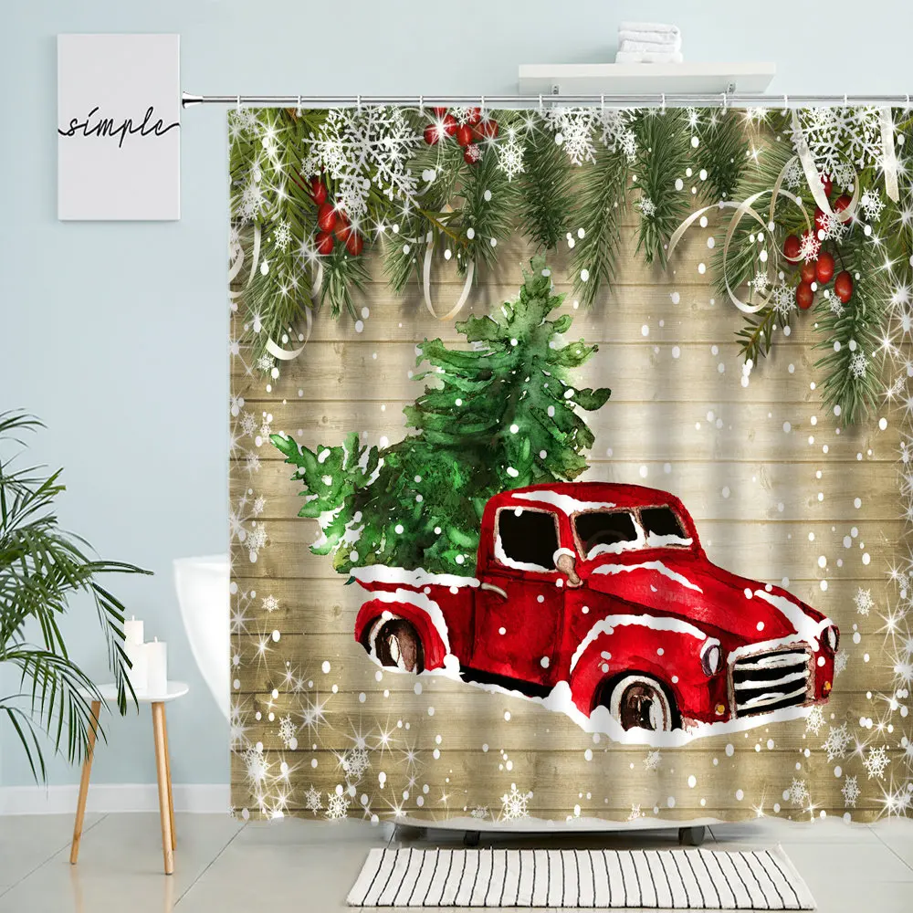 

Retro Christmas New Year Shower Curtain Old Wooden Board Xmas Tree Car Snowflake Garland Country Farmhouse Home Bathroom Decor