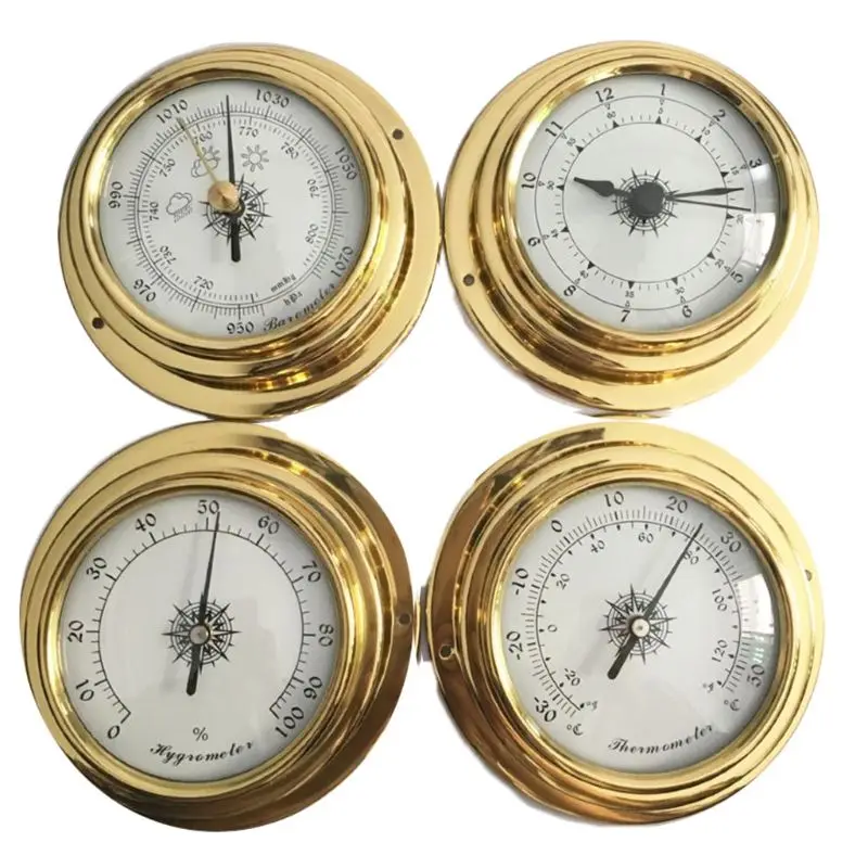 

2021 New 4 Inches 4 PCS/set Thermometer Hygrometer Barometer Watches Clock Copper Shell Zirconium Marine for Weather Station