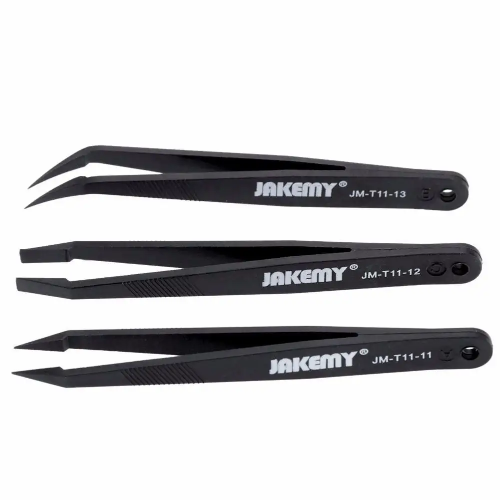 Набор антистатических пинцетов 3 в 1 термостойкие плоские заостренные изогнутые