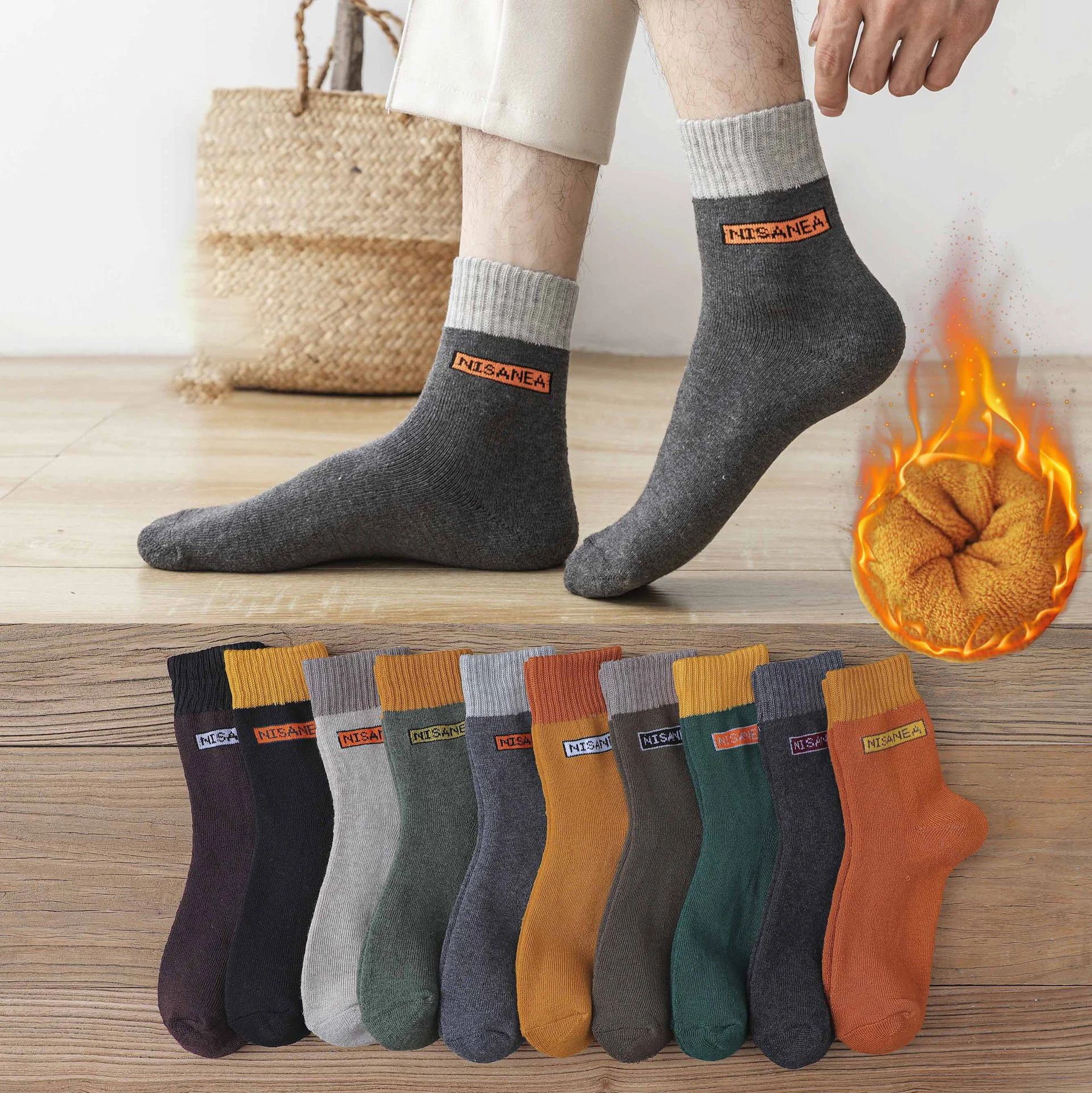 5 Pairs Pack Men Male Casual Winter Thick Warm Towel Terry Socks Letter Print Christmas New Year Gift Long Plush Crew Socks Set